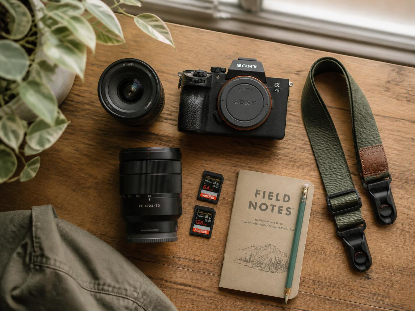 Camera gear arranged on a wooden table with soft natural light